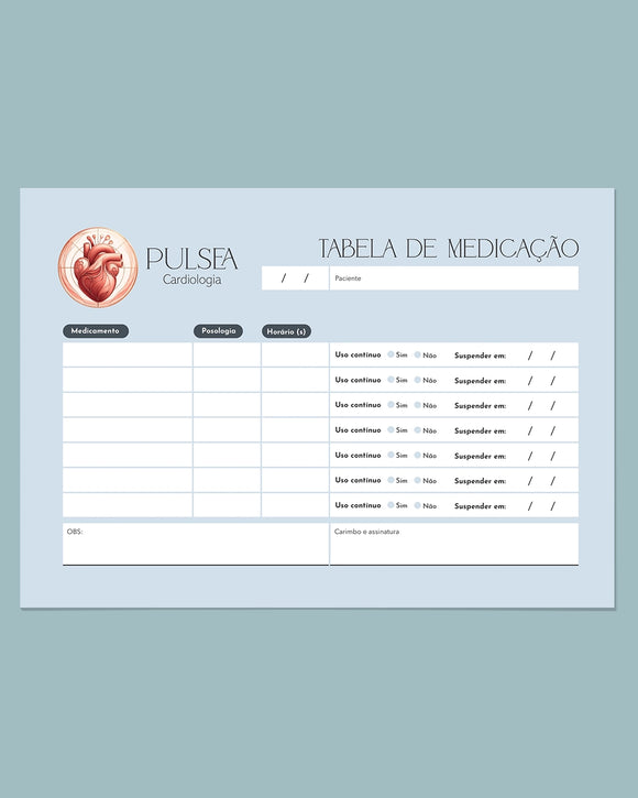Tabela de medicação para cardiologia, impressão clara e funcional.
