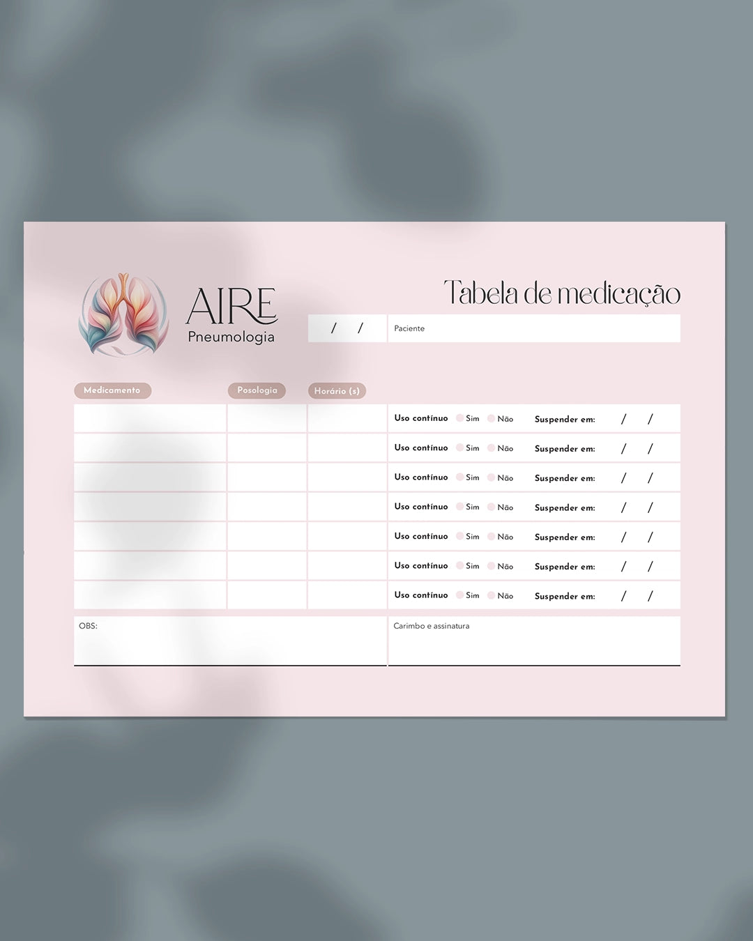 Tabela de medicação para pneumologia, impressão para médicos.