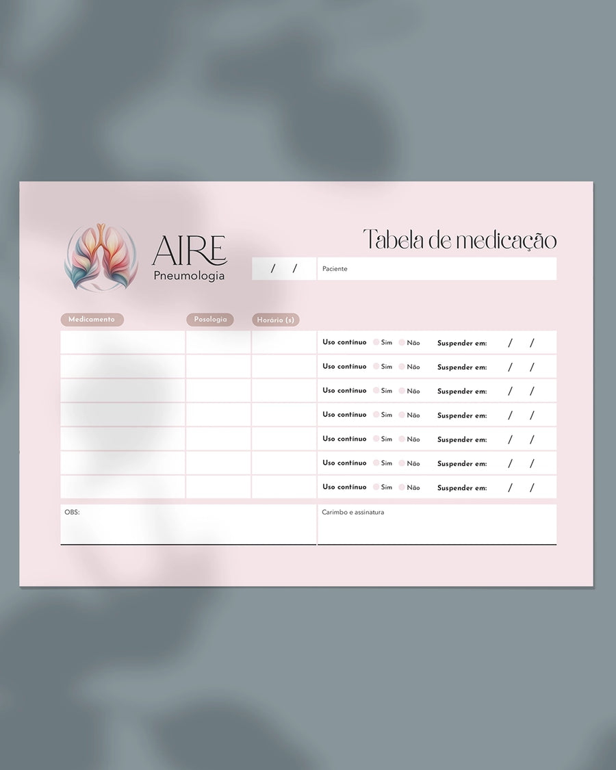 Tabela de medicação para pneumologia, impressão para médicos.
