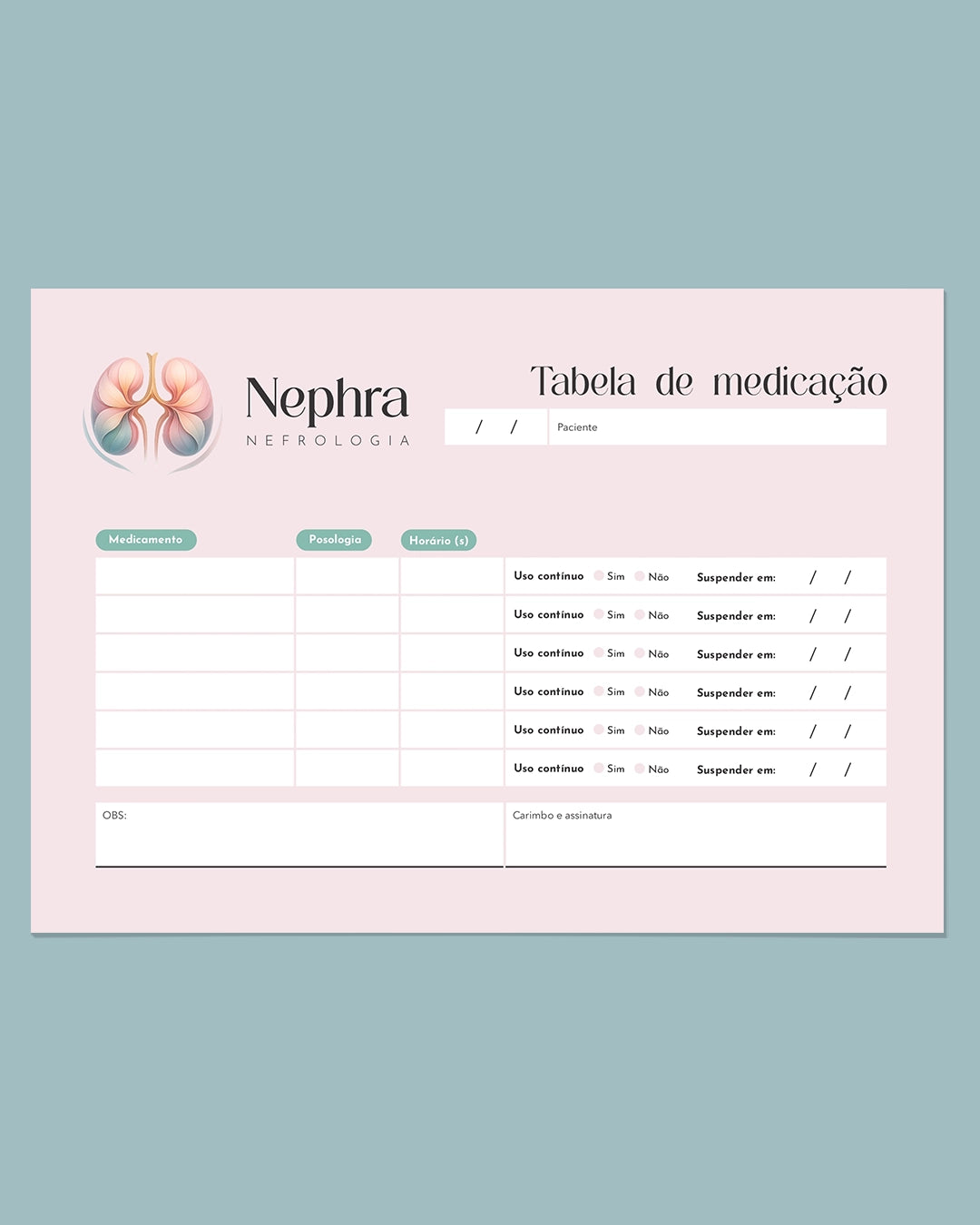 Tabela de medicação para nefrologia, impressão clara e organizada