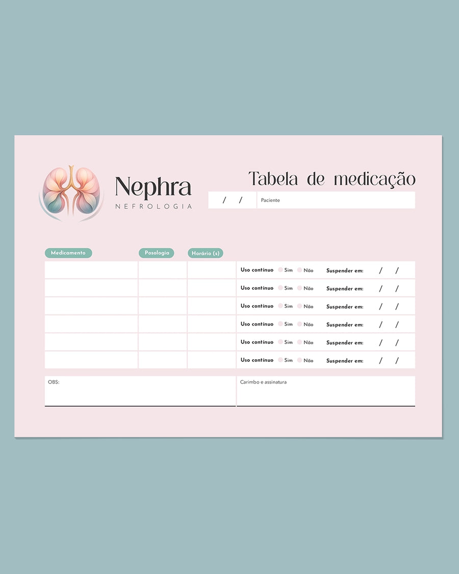 Tabela de medicação para nefrologia, impressão clara e organizada