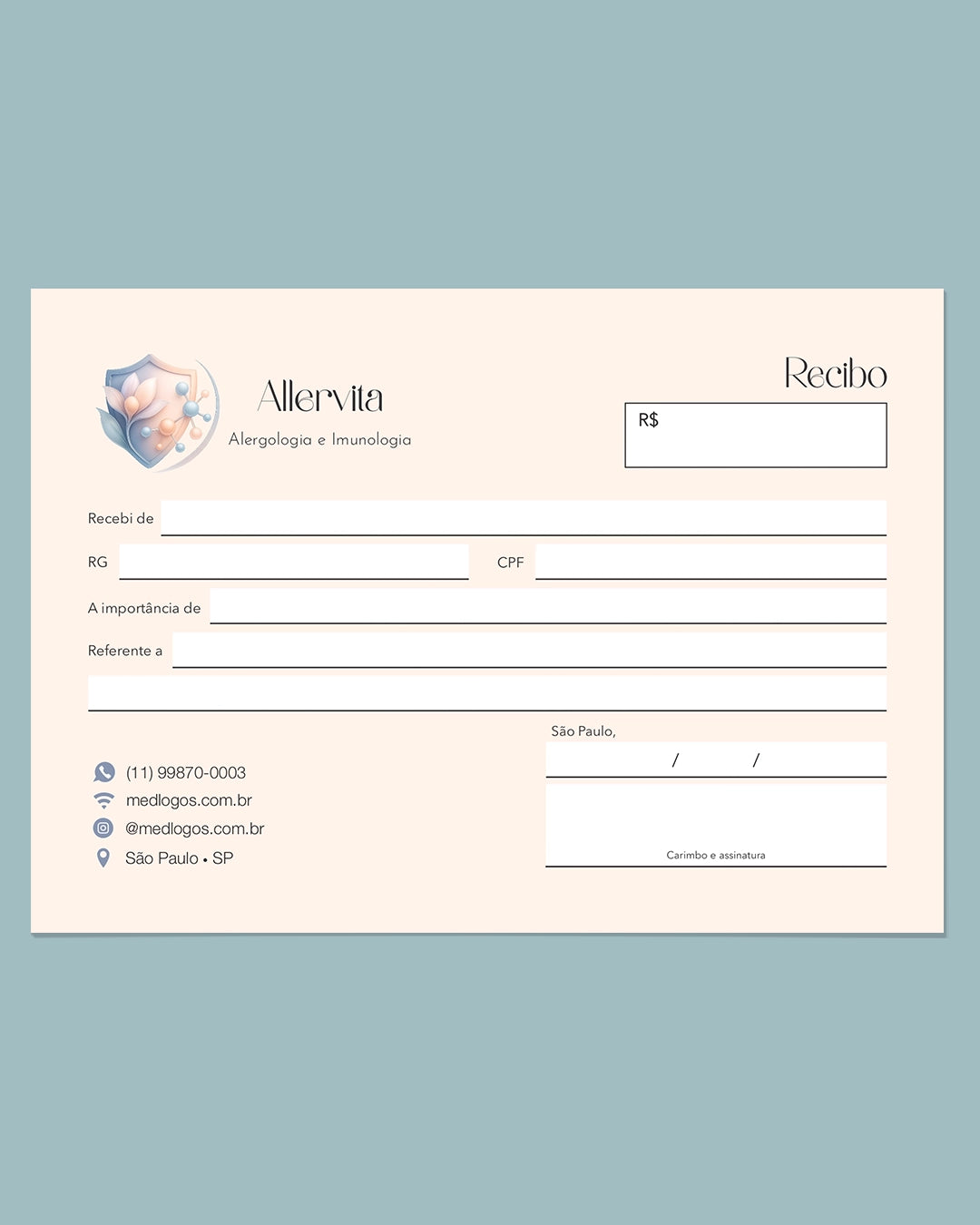 Talão de recibo médico para alergologia e imunologia, impressão profissional e personalizada