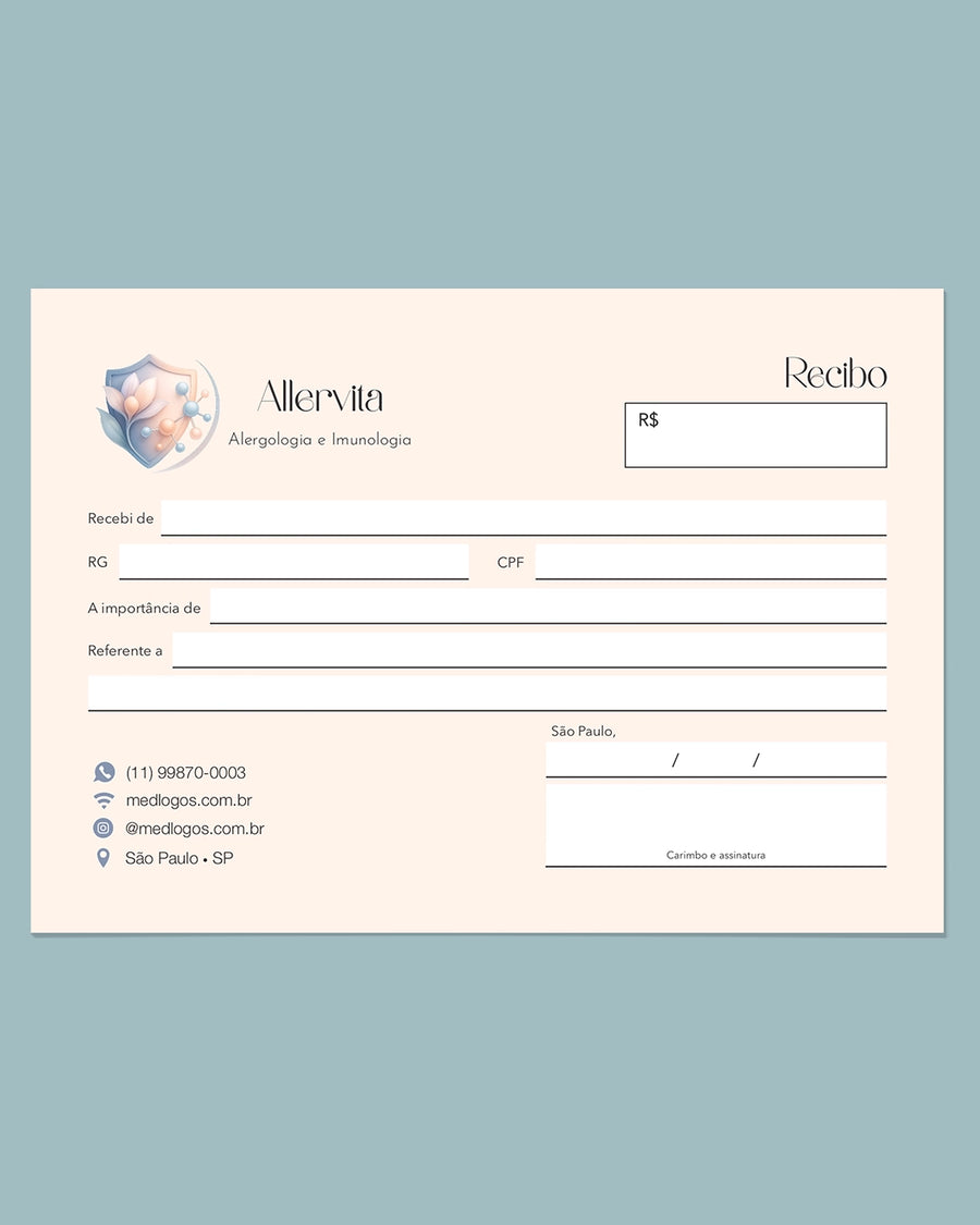 Talão de recibo médico para alergologia e imunologia, impressão profissional e personalizada