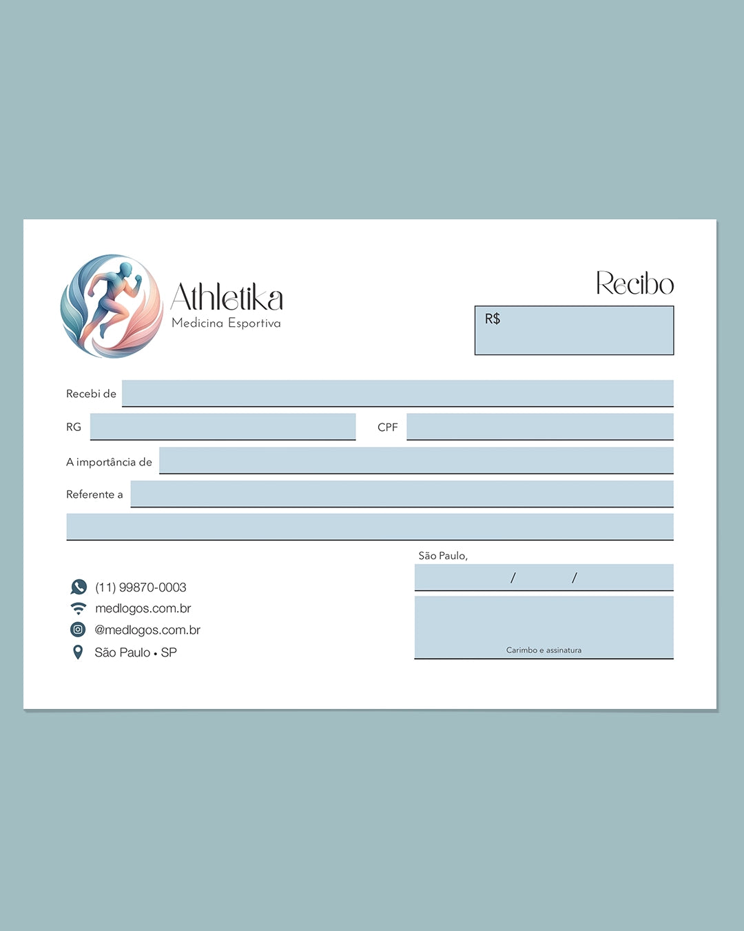 Talão de recibo médico medicina esportiva - impressão premium e layout funcional.