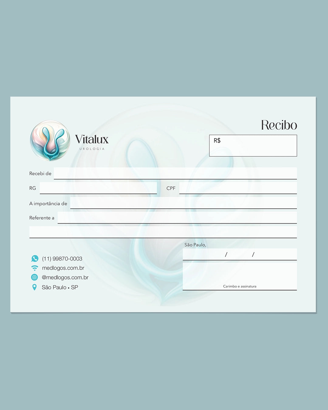 Talão de recibo médico para urologia com campos para valores e serviços, impresso em bloco pela gráfica Med Logos.