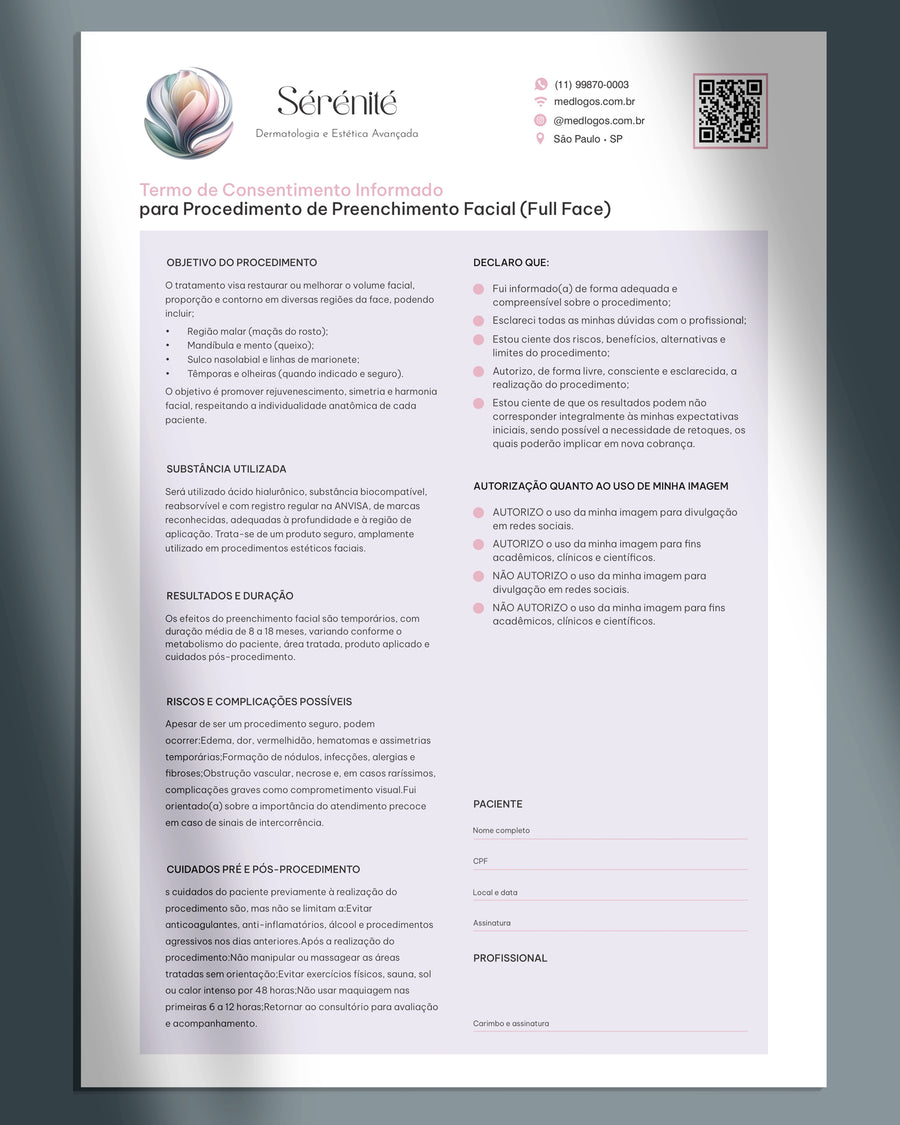 Termo de consentimento para preenchimento facial full face impressão gráfica premium para estética facial avançada