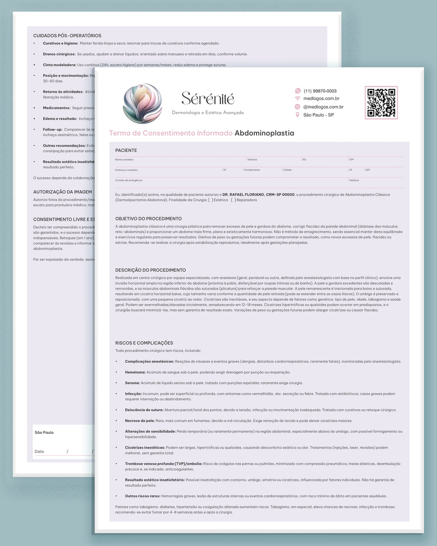 Termo de consentimento para abdominoplastia, modelo Sérénité, duas páginas