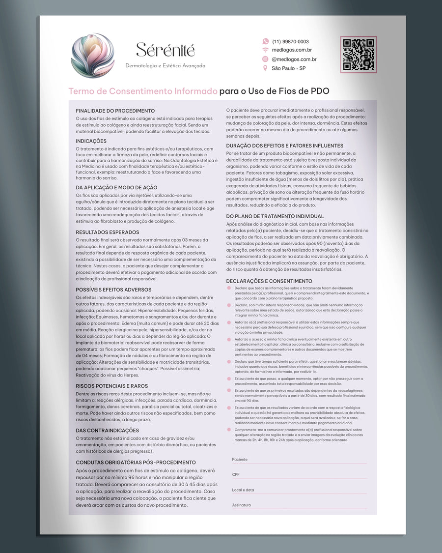 Termo de consentimento para fios de PDO. Impressão gráfica especializada.