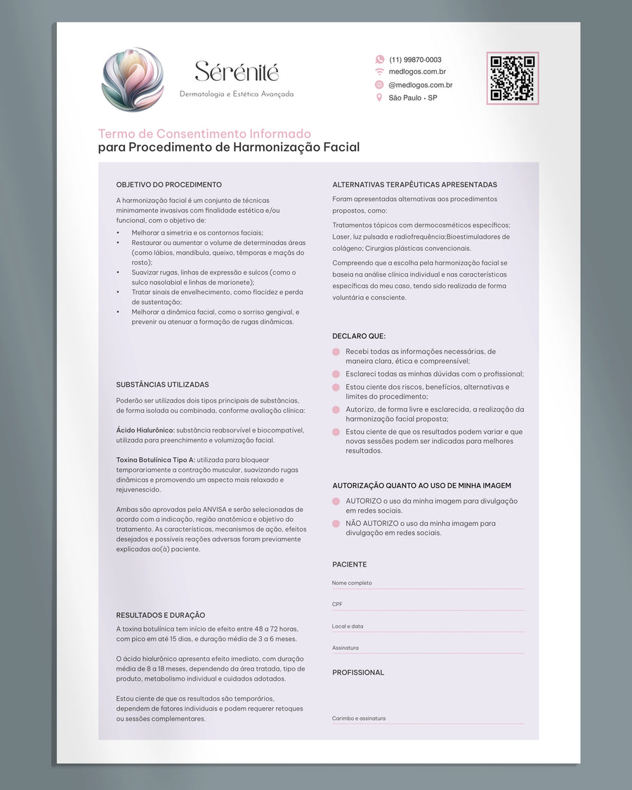 Termo de consentimento para harmonização facial. Impressão em gráfica premium especializada.