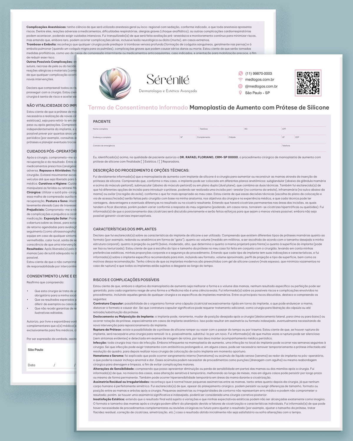 Termo de consentimento para mamoplastia de aumento com prótese de silicone, modelo Sérénité, duas páginas