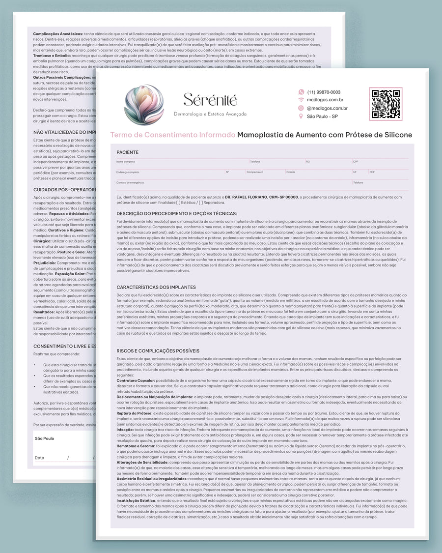 Termo de consentimento para mamoplastia de aumento com prótese de silicone, modelo Sérénité, duas páginas