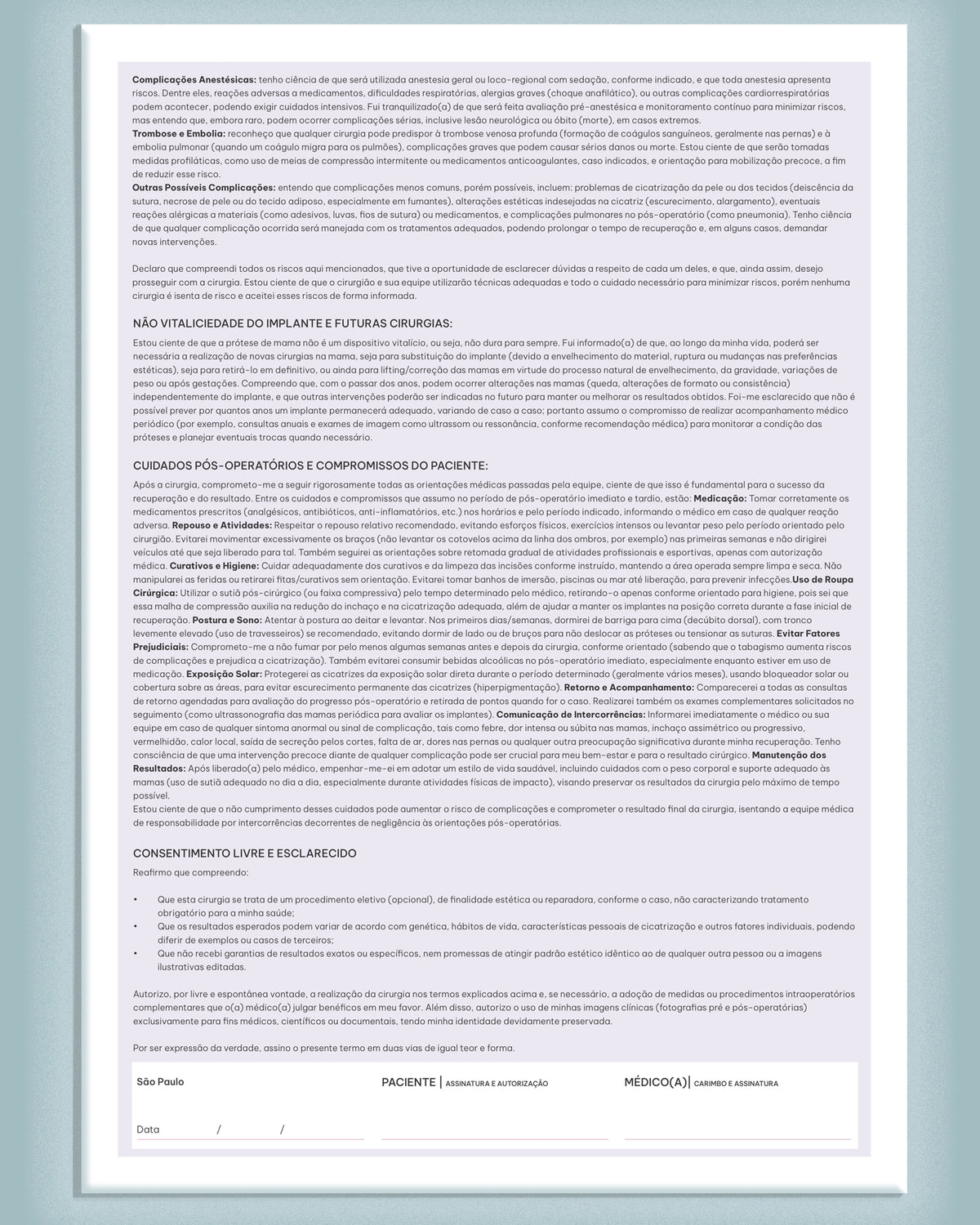 Página de texto do termo de consentimento para mamoplastia, com cuidados e campo de assinatura