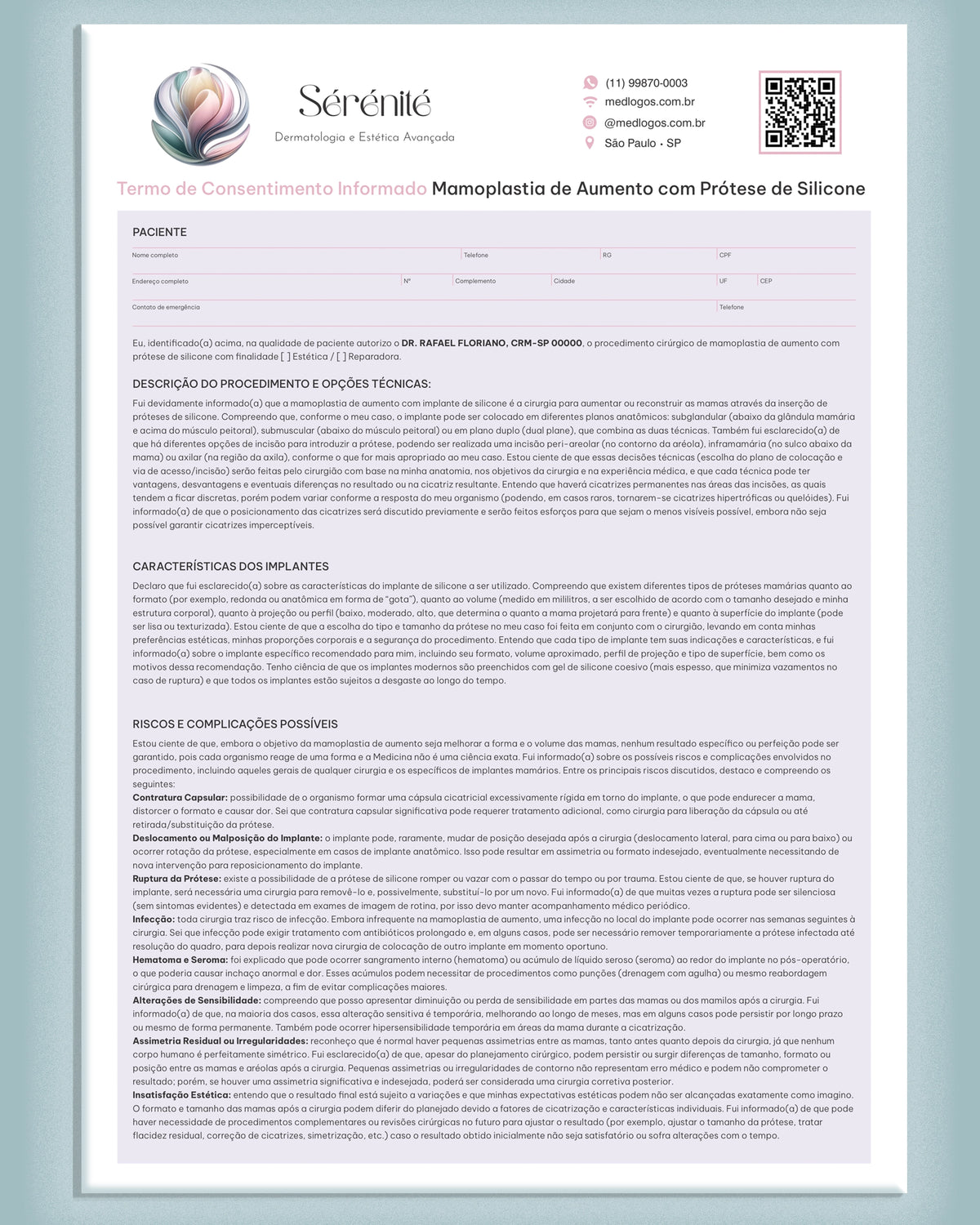 Primeira página do termo de consentimento para mamoplastia de aumento com prótese de silicone, modelo Sérénité