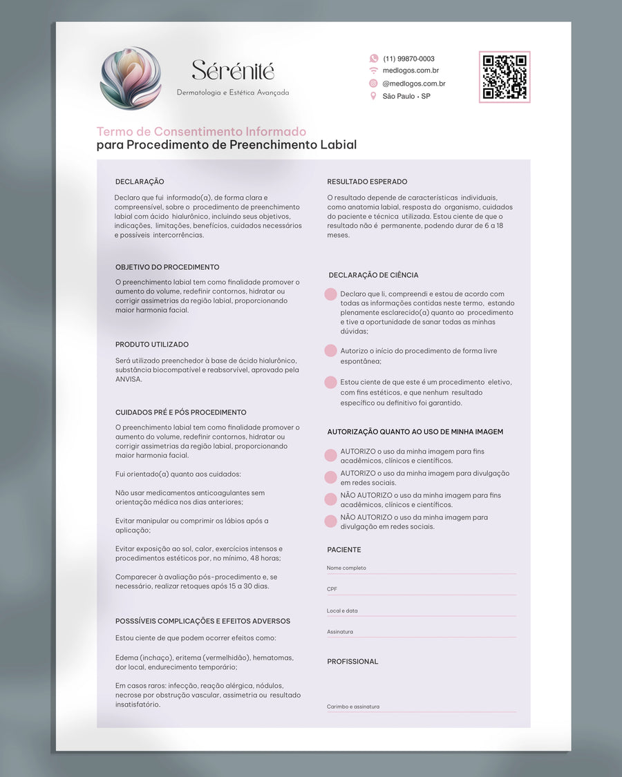 Termo de consentimento para preenchimento labial. Impressão, design gráfico e qualidade premium.