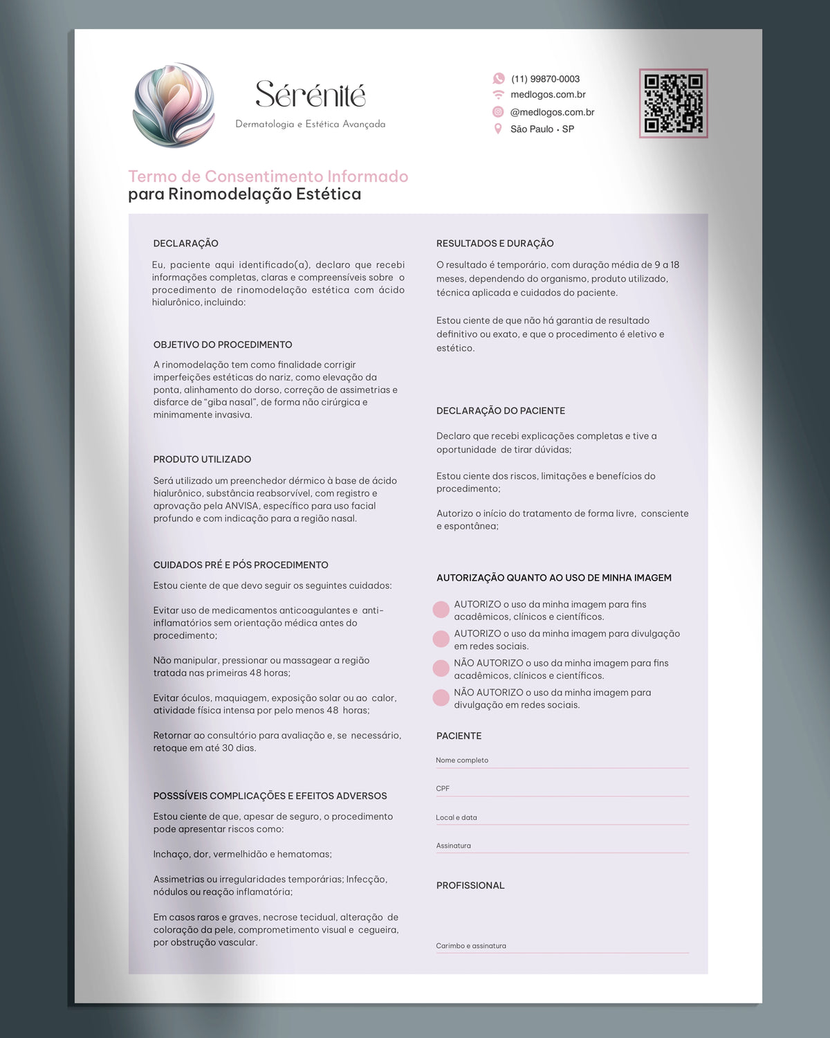 Termo de consentimento para rinomodelação completo e personalizado com impressão premium.