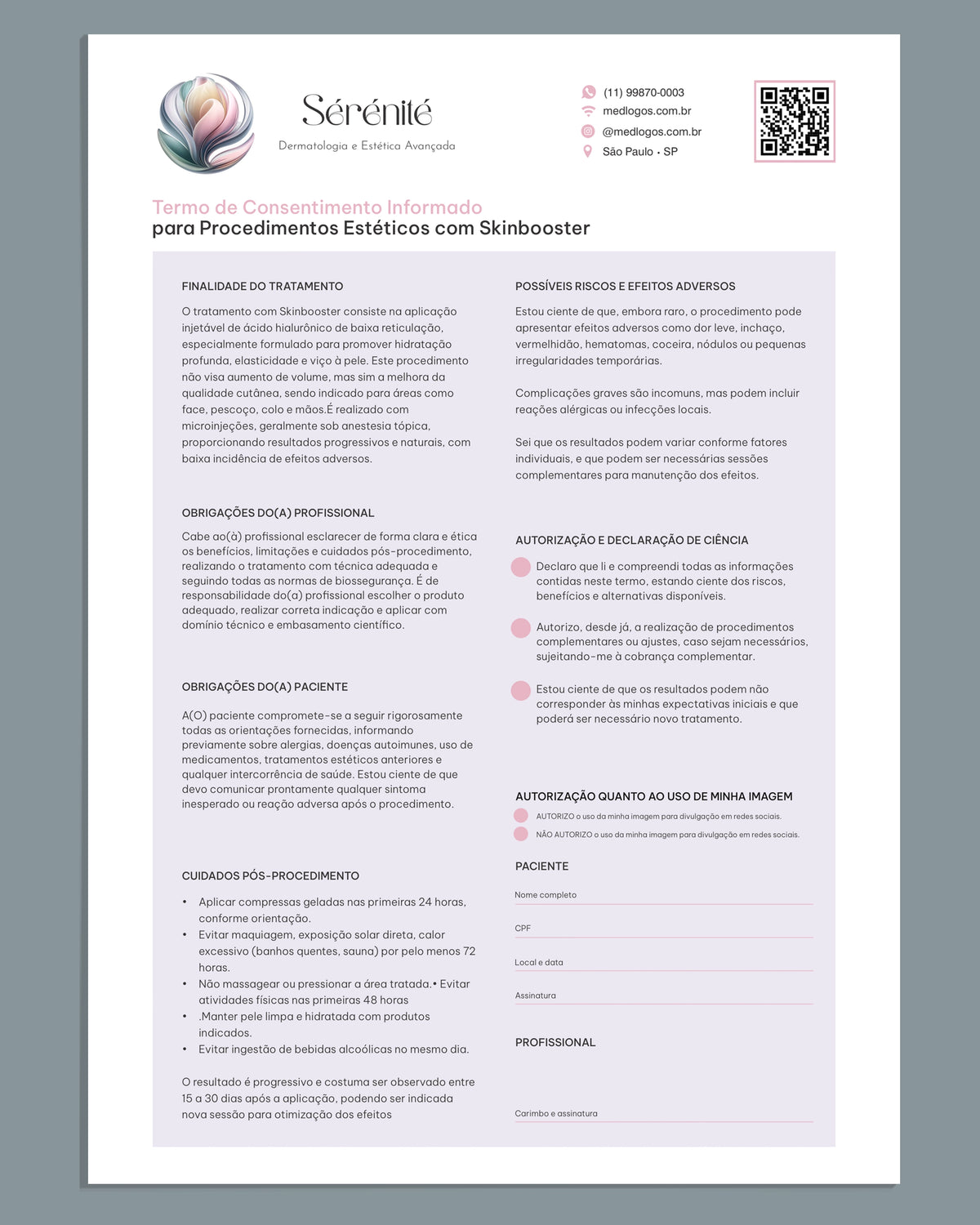 Termo de consentimento para skinbooster. Impressão premium para estética avançada.