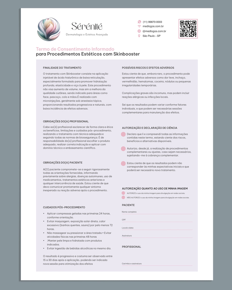 Termo de consentimento para skinbooster. Impressão premium para estética avançada.