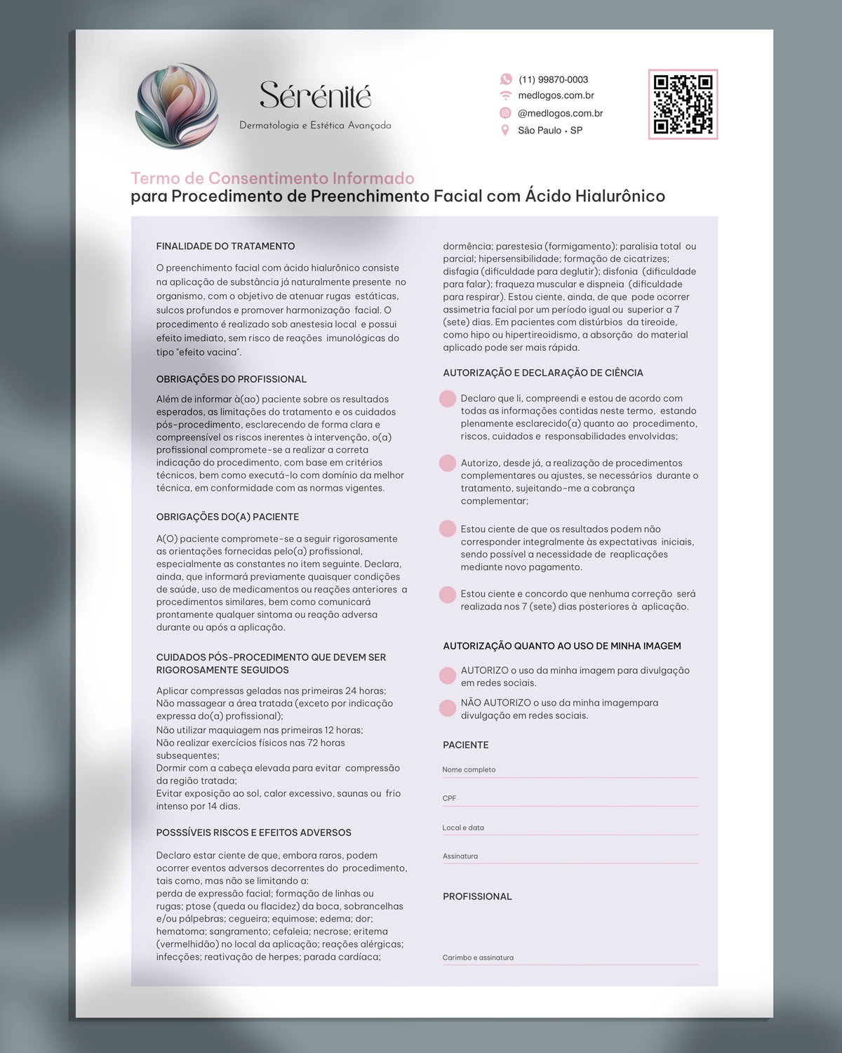 Termo de consentimento para procedimento facial com ácido hialurônico