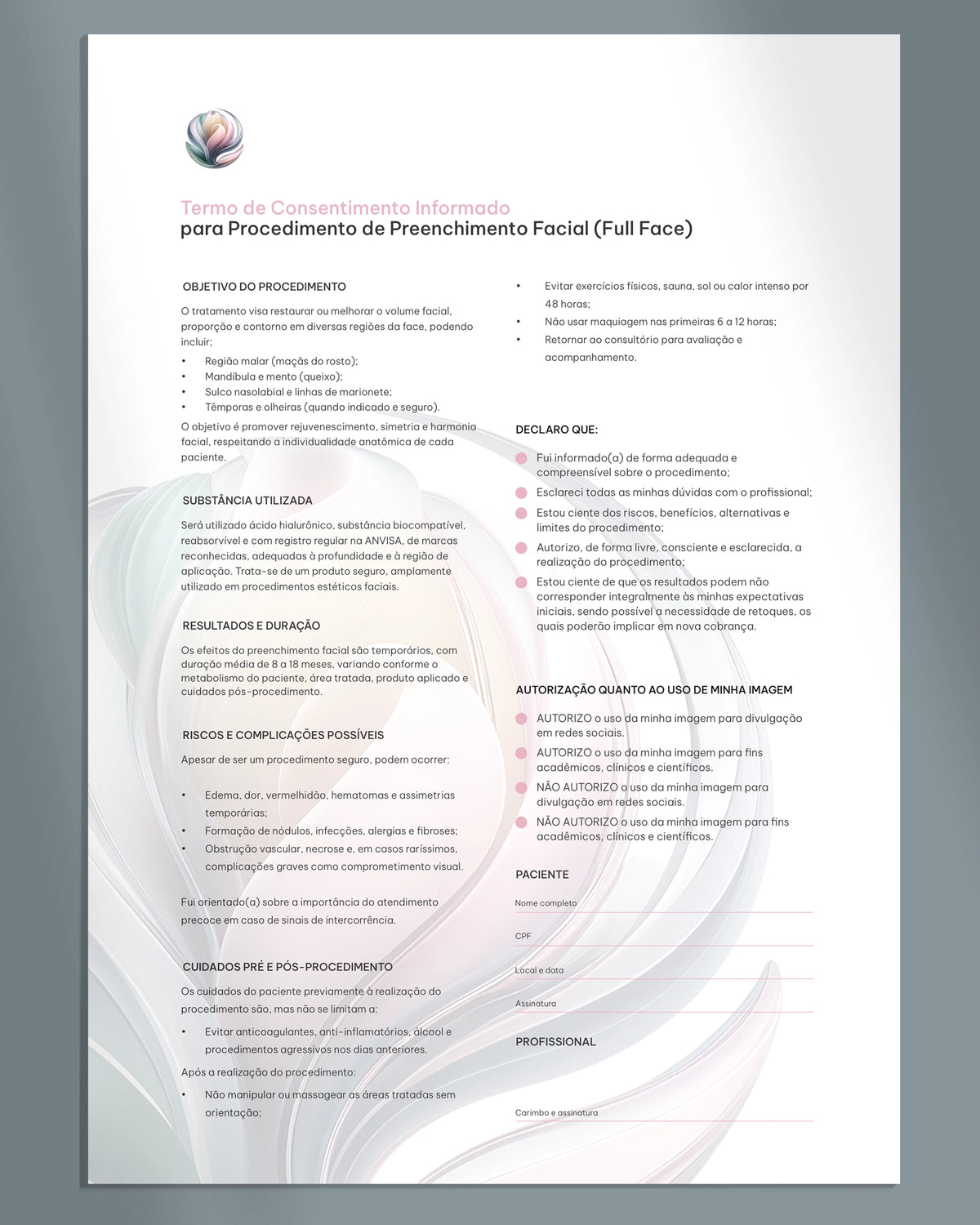 Formulário de planejamento de harmonização facial com termo de consentimento anexo versão masculiina. Impressão gráfica