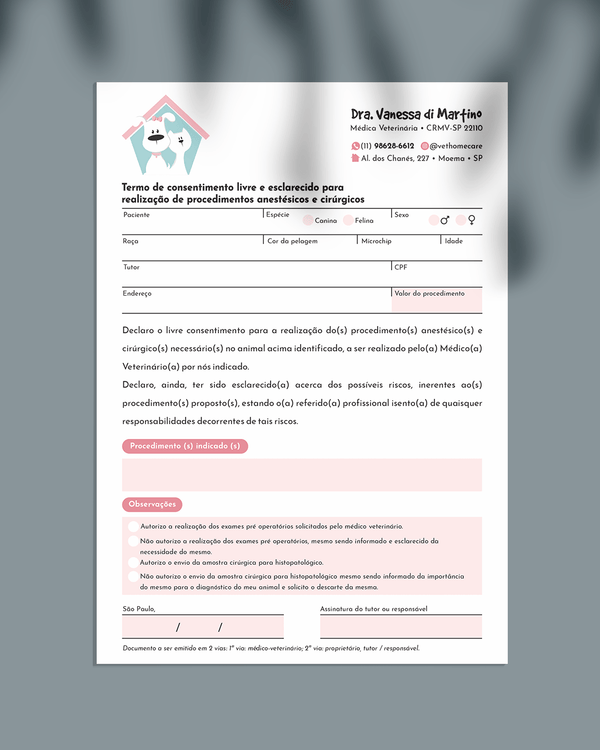 Termo de autorização para anestesia e cirurgia veterinária