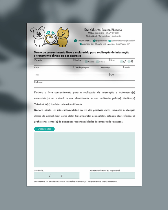 Termo de autorização para internação veterinária