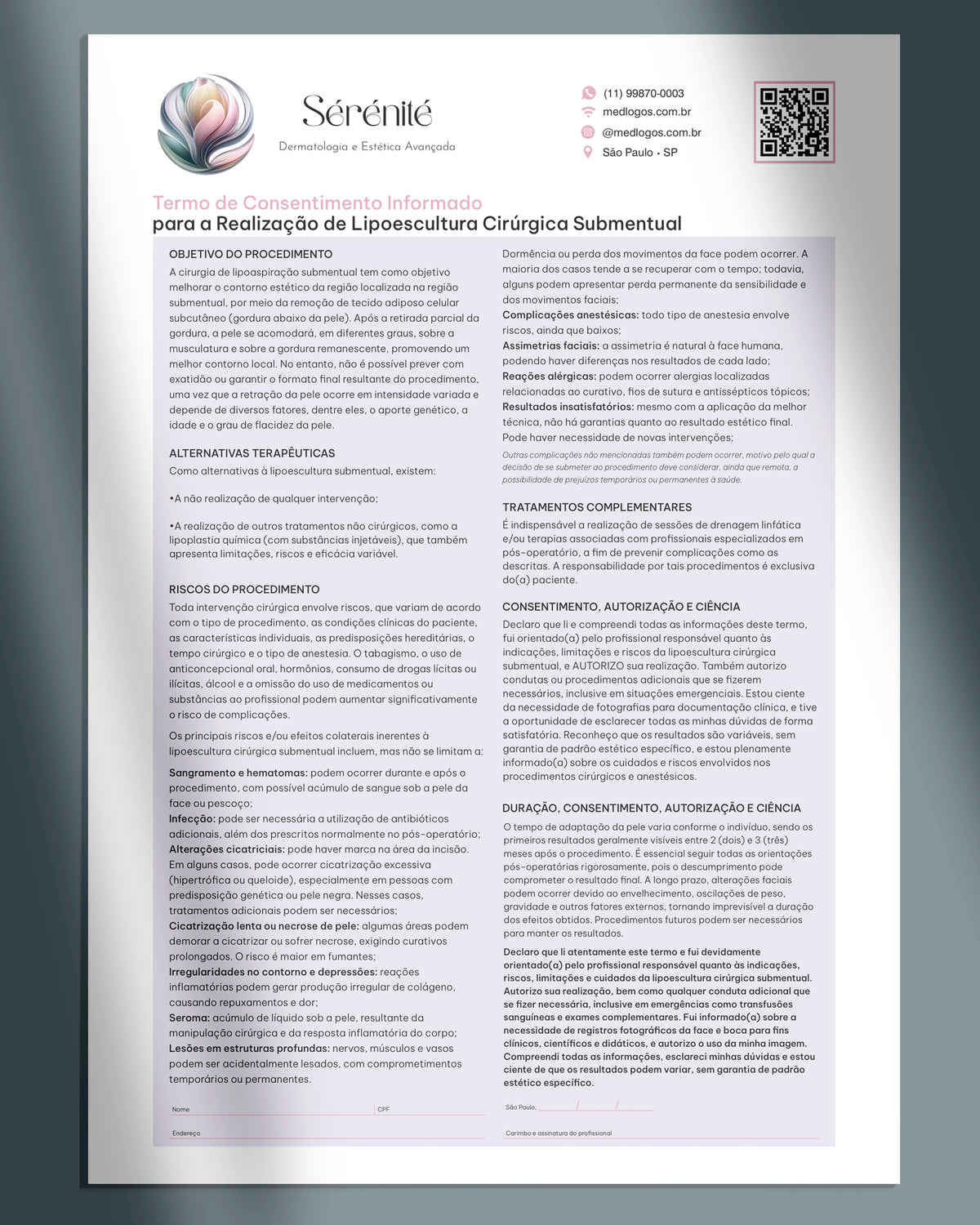 Termo de consentimento para lipo de papada e  lipoescultura cirúrgica submentual. Impressão premium.