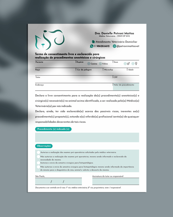Termo de autorização para anestesia e cirurgia veterinária