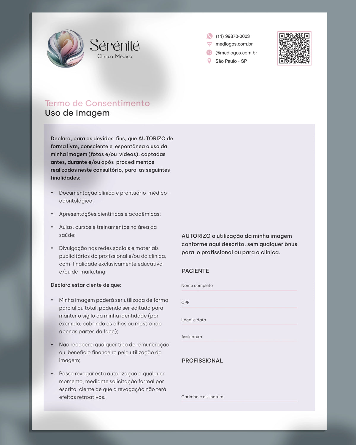 Termo de consentimento para autorização de uso de imagem para estética avançada e harmonização