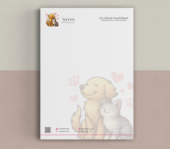 Papel timbrado veterinário A4 com design exclusivo personalizado e impressão premium.