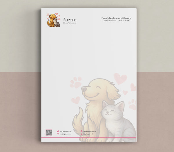 Papel timbrado veterinário A4 com design exclusivo personalizado e impressão premium.