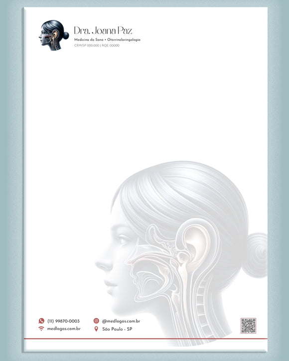 Papel timbrado A4 para otorrinolaringologia com cabeçalho personalizado, logo e dados do médico, impresso pela gráfica Med Logos.