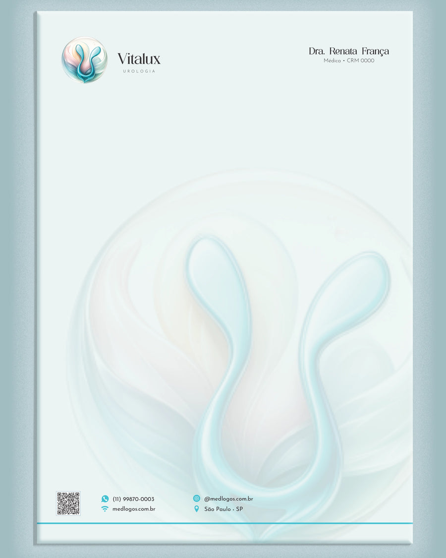 Papel timbrado A4 para urologia com cabeçalho personalizado, logo e dados do médico, impresso pela gráfica Med Logos.