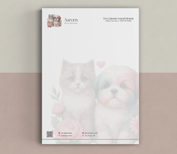 Papel timbrado veterinário em offset 90g, formato A4, ideal para impressoras. Layout institucional e refinado.